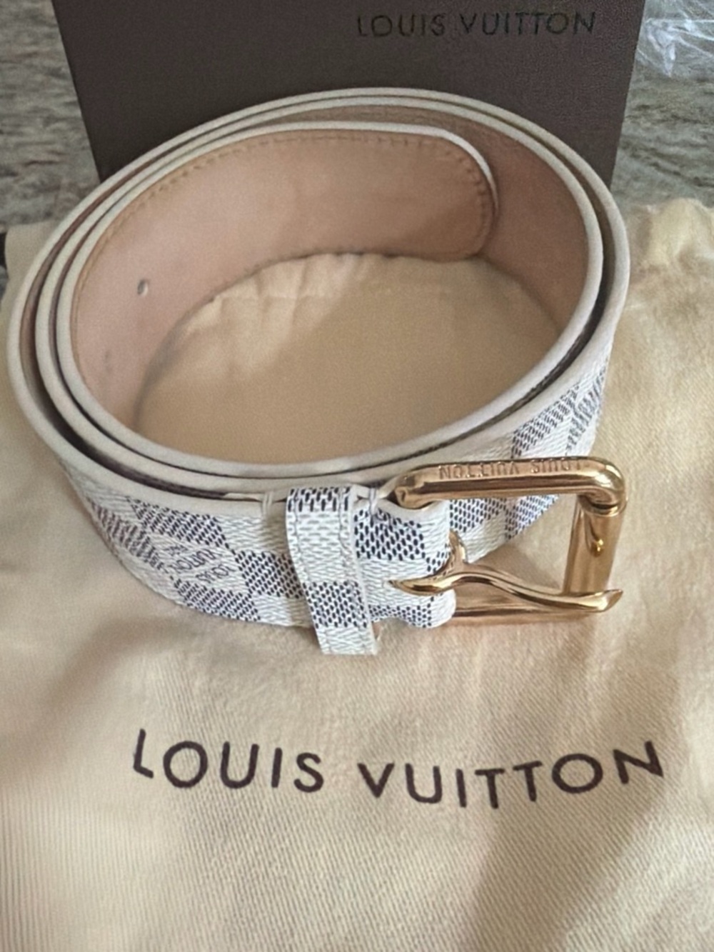 Authentic Louis Vuitton White Damier Azur Belt with Gold Buckle-never worn